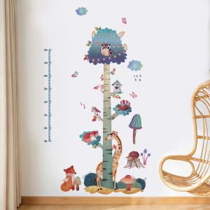 Decal giấy dán tường Đo chiều cao hình cây và thú rừng Có keo sẵn dễ dán