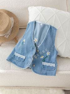 Girls Denim Embroidered Ruffle V-Neck Cardigan Jacket: Spring Summer Cotton Inner Lined Floral Patterned Casual Style Child Clothing