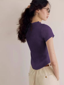 Áo Thun Nữ Tay Ngắn Màu Tím Cổ Điển Kiểu Pháp Áo Ngắn Ôm Vừa Vặn Mặc Trong Mùa Hè Áo Khoác Ngoài Màu Tím