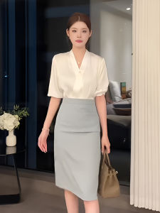 French Satin Short Sleeve V-Neck Shirt Women Summer High Waist Mini Skirt Two-Piece Set Elegant Design Fashionable Ensemble