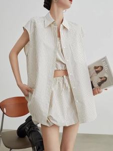 Beige Striped Miu Style Womens Shirt and Cami 3-piece Set