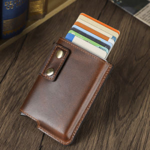 Genuine Leather Airtag Card Bag Wallet Retro Anti-lost RFID Blocking ID Credit Card Bag With Auto Eject Aluminum Card Holder