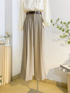 กางเกงขายาวทรงหลวมเอวสูงสีกรมท่าสำหรับผู้หญิง ฤดูใบไม้ผลิและฤดูร้อน กางเกงขายาวทรงหลวมแบบลำลองพร้อมกระเป๋า ดีไซน์เรียบง่าย