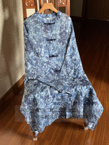 Handmade Lightweight Weathered Hemp Outerwear Womens Loose Mid-Length Button-Up Coat Floral Print Long Sleeve Breathable