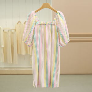 Váy Chữ a Tay Bồng Cổ Vuông Sọc Màu Tương Phản Mùa Hè Cho Nữ Váy Midi Thường Ngày Bằng Polyester 100%