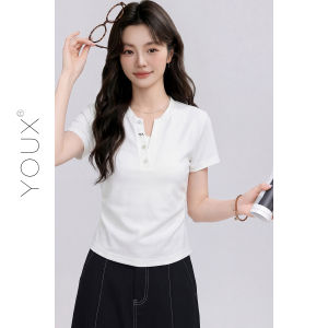 YOUXIANG | Áo Thun Ngắn Tay V-neck Thời Trang Dáng Ôm