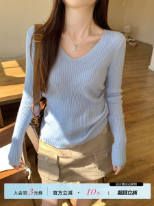 Blue V-Neck Knitted Sweater Female Spring Autumn New Wool
