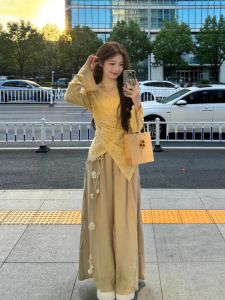 XUECAIQI | Irregular Mesh Top with Wide Leg Pants Chinese Style Outfit