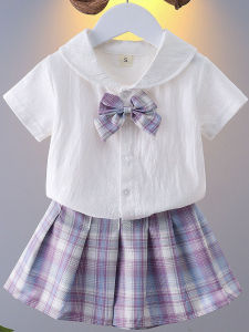 Trendy Plaid Girls Dress Set Summer Cotton Linen A-Line Skirt Short Sleeve Daily Wear Baby Girls Outfit Two-Piece Ensemble