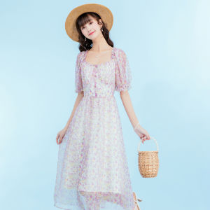 Lagogo Summer New Floral Print Chiffon Dress Womens Sweet Bubble Sleeve One-Shoulder A-Line Midi Dress Elegant Commute Style