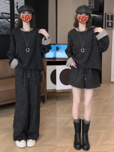 Early Spring Fashion Set round Neck Top Wide Leg Pants Two Piece Casual Style Small Fragrance Wind Polyester Fiber Long Sleeve