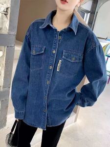 เสื้อแจ็คเก็ตยีนส์ทรงหลวมสำหรับผู้หญิง แขนยาว ความยาวปานกลาง สไตล์วินเทจ ลำลอง ฤดูใบไม้ร่วง ฤดูหนาว เสื้อเชิ้ตคอโปโล