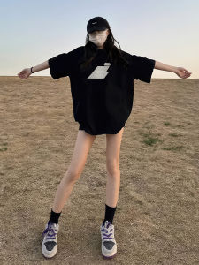 Black Cotton Half Sleeve T-Shirt Womens Summer Fashion Inner Wear Base Shirt Short Sleeve round Neck Print Top Korean Style