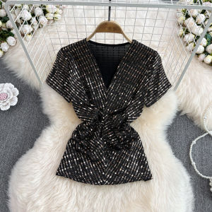 Shiny Thread Slim Fit Short Sleeve V-Neck T-Shirt Womens Fashion Bright Sequins Waist-Cinching Top Korean Style Summer New Arrival