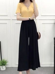 Womens Loose Pleated Wide Leg Pants Casual Versatile Folded Hem Trousers Comfortable Fit Polyester Fiber Natural Waist