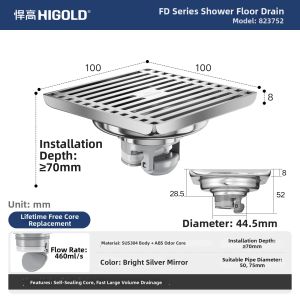 HIGOLD | Ant Odor Prevention Stainless Steel Drain Square