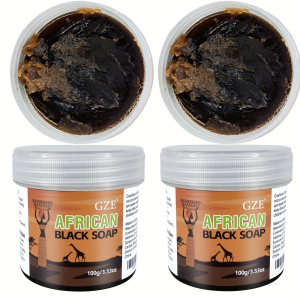 2 Pack GZE African Black Soap 3-in-1 Face Hair and Body Cleanser - Deeply Cleanses and Moisturizes Skin and Hair - Handmade