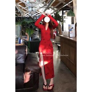 Plus Size Pure Desire Print Elegant V Neck Side Slit Retro Long Sleeves Dress Womens Early Autumn Waist-Tight Red Long Skirt