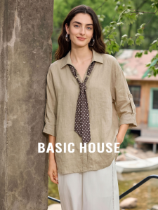 Basic House | Polka Dot Khaki 3/4 Sleeve Autumn Flax Turn-down Collar Shirt