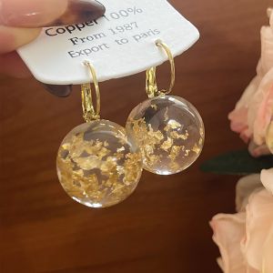 Amber Gold Foil Vintage Large round Ball Clip-On Earrings Womens Fashion Jewelry Face Slimming Brown Transparent Trendy