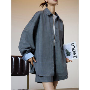 French Vintage Checkered Splice Shirt and Shorts Set
