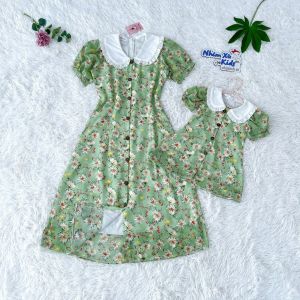 Váy Mẹ Và Bé Cúc Hoạ Mi Xanh 4 - 64kg Chất Tơ Lụa Ép Nổi V079