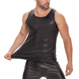 Plus Size Mens Shiny Leather Tank Top Soft Matte Leather T-Shirt Sleeveless Male High Elastic V-neck Shaping Vest【Sekexi-00245】