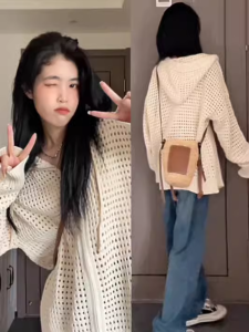 Cut Out Knitwear Stylish Hooded Loose Outer Summer Blouse Womens Zip Cardigan Tops Thin Outwear Fashion