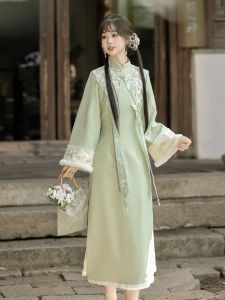 Warm Furry Cloud Shoulder Cheongsam Dress Elegant Lady Style New Chinese Style Long Sleeve Midi Dress for Daily Wear