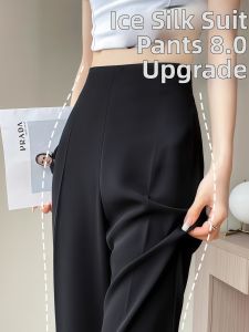 Black Icy Silk Summer Slim High Waist Drape Wide Leg Trousers