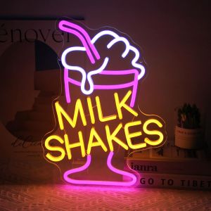 Milk Shakes Neon Signs Ice Cream Neon Sign Milk Tea LED Neon Light Frozen Yogurt Food Drink Restaurant Dessert Shop Bar Decor