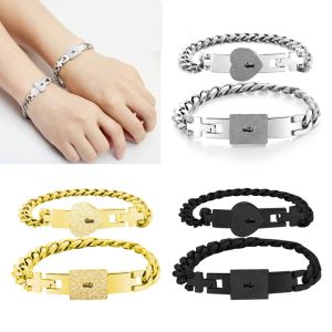 2Pcs Tone Stainless Steel Lover Heart Love Lock Bracelet with Lock Key Bangles Kit Couple Jewelry Gift