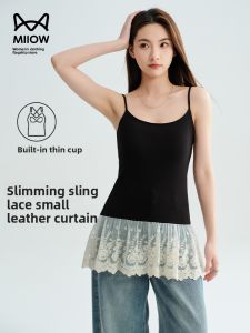 miiow | MiiOW Lace Trim Camisole Womens Summer Outerwear Slim Fit Mid-Length Thin Strap Vest Cover-Hip Illusory Inner Wear Tank Top