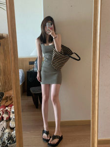 Halonini สลิมฟิต เสื้อกั๊กถัก เดรส ผู้หญิง ฤดูร้อน รูปแบบใหม่ หลากหลาย กระโปรงยาว สไตล์เกาหลี แขนกุด คอสี่เหลี่ยม ผ้าฝ้าย เดรส