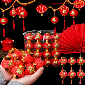 30Pcs Red Small Lantern Decor Pendants with Tassel Red Plastic Fortune Word Printed Lantern Chinese New Year Spring Festival Decor Mini Palace Lantern Hanging Ornament