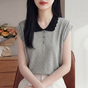 SHEHAN | French Colorblock Polo Collar Ice Silk Knit Short Sleeve Slim Flare Sleeve T-Shirt