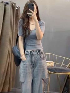 เสื้อยืดไหมน้ำแข็งคอตตอนแขนสั้นสไตล์ยุโรปสำหรับผู้หญิงในช่วงฤดูร้อน เสื้อเชิ้ตคอกลมแขนสั้นแบบสวมหัว แฟชั่นสตรีทสไตล์ยุโรป