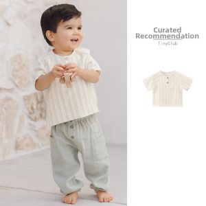 tinyclvb | Cotton Striped Short Sleeve Round Neck Nordic Style Top