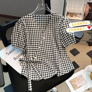 Slim Fit Plaid Shirt Womens V-Neck Casual Style Korean Version Commute Wind Short Sleeve Butterfly Knot Design Regular Length