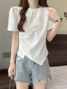 Summer Short Sleeve T-Shirt Womens Irregular Beautiful Embroidered Butterfly Knot Top Slimming Design Korean Style Commute