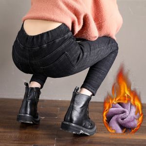 ผู้หญิง ผ้าขนแกะ เอวสูงเรียงราย หนาขึ้น กางเกงยีนส์สกินนี่​ เอวยืดหยุ่น ทรงรัดรูป กางเกงขายาว ฤดูใบไม้ร่วง ฤดูหนาว แจ๊กเก็ต ลำลอง เดนิม