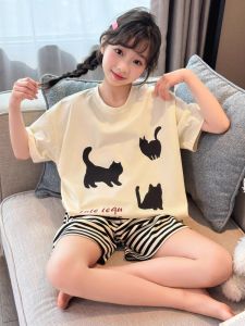 Childrens Summer Cotton Pajamas Short Sleeve Short Pants Home Clothes Breathable Comfortable Soft Cotton Kids Sleepwear