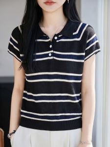 YUEXINYIRONG | Old Money Style Pinstripe POLO Collar Knit Short Sleeve Breathable and Cooling Flattering T-Shirt