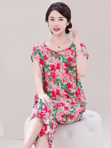 Womens Sleepwear Set Short Sleeve Wide Leg Pants Artificial Silk Cotton Seven-Foot Pants Mid-Aged And Elderly Summer Pajamas