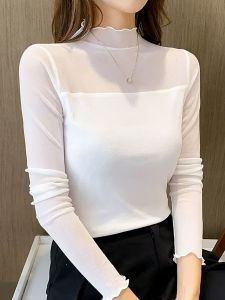 Slimming Mesh Lace Hollow out Long Sleeve Half High Collar Base Shirt Womens Versatile Body Shaping Base Layer Top