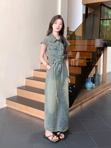 Fashionable Korean Style Workwear Denim Dress Womens Belted Waist Slimming Design Long Skirt Elegant Personality Spring Summer Dress