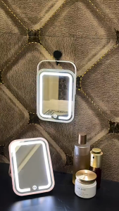 FOCANO Travel Makeup Mirror with Lights Portable Small Beauty LED Vanity Mirror with Lights Dimmable Touch Screen Tabletop Folding Compact Mirror