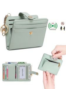 กระเป๋าสตางค์ผู้หญิง MIYIN บางเฉียบ ป้องกัน RFID แบบพับสองตอน ใส่บัตรเครดิต/บัตรประชาชน ดีไซน์มินิมอล กระเป๋าใส่เหรียญแบบสั้น มีซิป พร้อมพวงกุญแจ