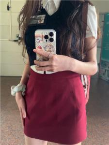Red Woolen Mini Skirt Womens Spring Autumn High Waist A-Line Skirt Anti-Light Walking Korean Style Commute Fashion Short Skirt