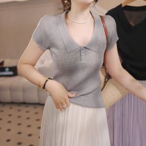 Shalldoer | Áo thun polo ngắn ôm vừa vặn phong cách Hàn Quốc cho nữ mùa hè cổ polo tay lửng dệt kim màu trơn không mũ